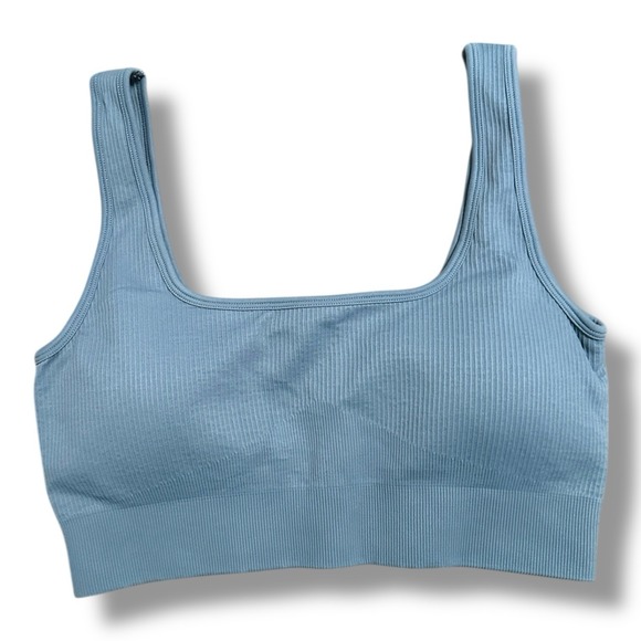 OQQ Blue Ribbed Seamless Sports Bra & Biker Shorts Set Women's L Stretch - Picture 2 of 9